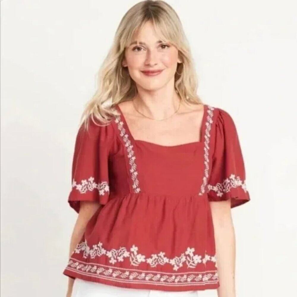 Old Navy Flutter-Sleeve Smocked Embroidery Swing Blouse Women's Size 2X